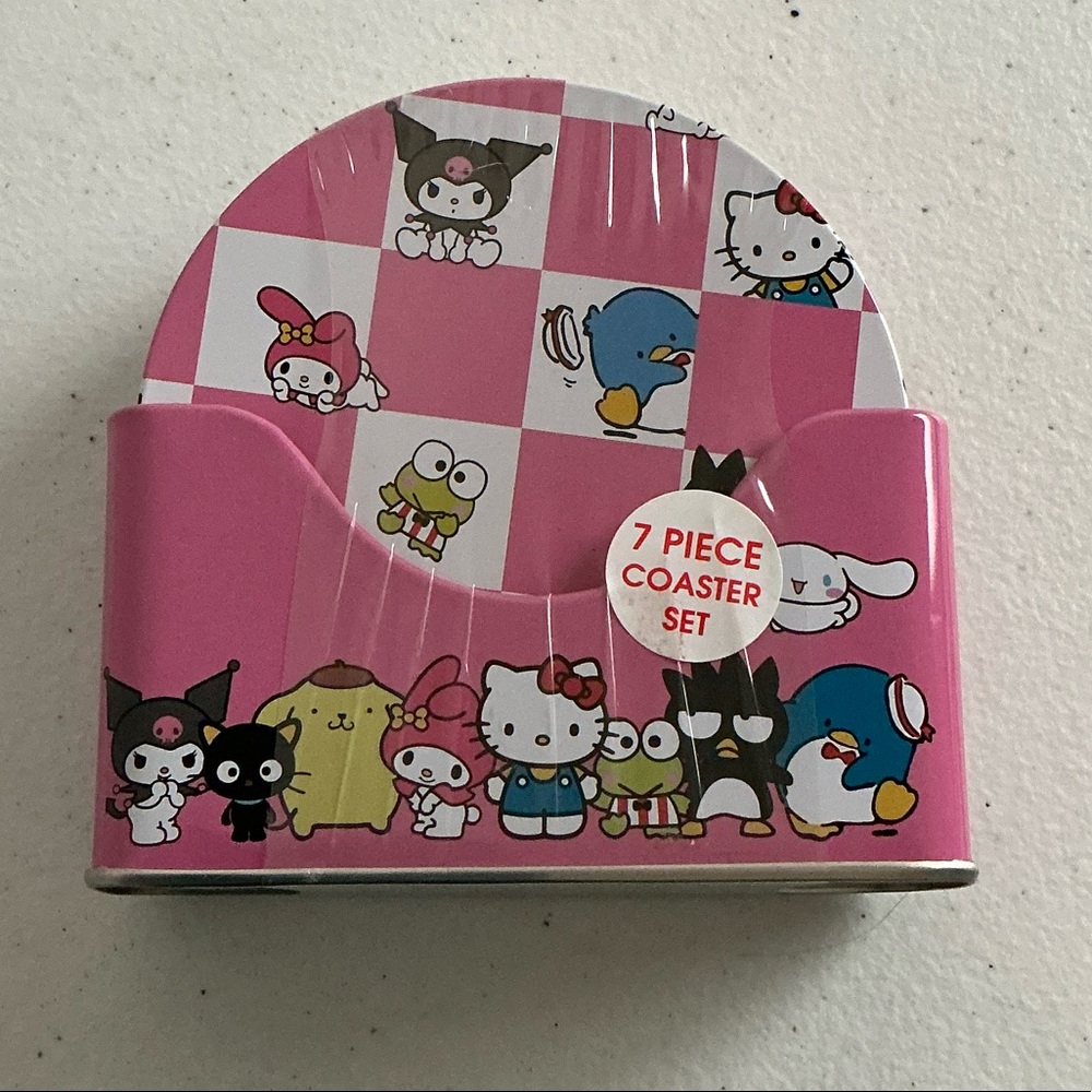 Hello Kitty Pink and White Coaster Set with Decorative Tin Holder